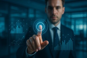 Caucasian male adult touching virtual interface with data visualizations in office