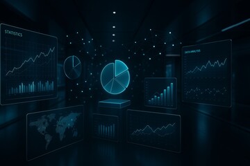 Futuristic data analytics interface with digital graphs and charts