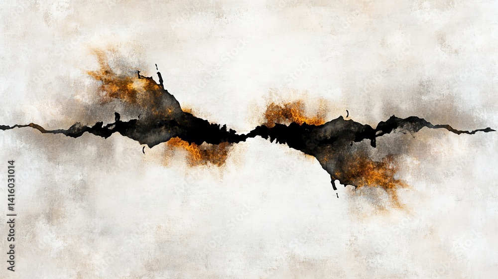 Poster abstract black shape bisects the canvas horizontally amidst blurred brown and tan hues, creating a s