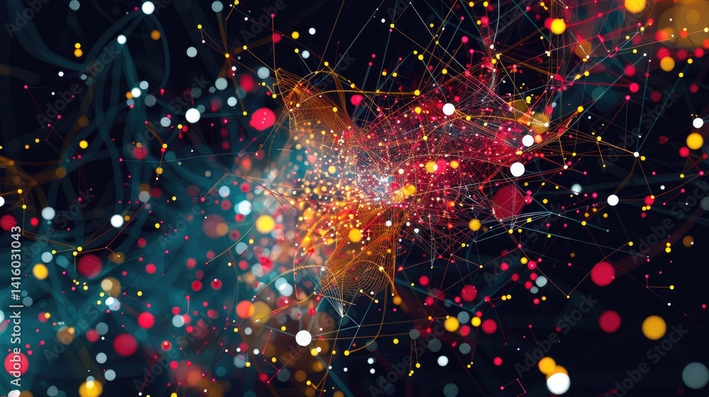 Poster this abstract image features a vibrant data visualization with colorful dots and lines, representing