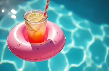 Refreshing lemonade drink with lemon slices floats in pink inflatable floatie. Sunny day in pool. Vacation vibes summer vacation. Enjoy poolside relaxation fun, summertime activities with friends,