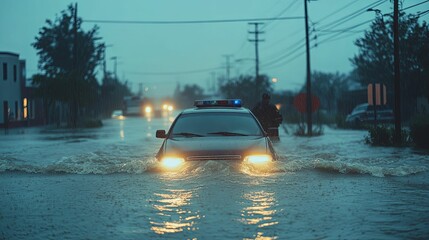 Police vehicle navigating flooded urban street during storm.