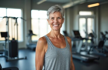 Obraz na płótnie Canvas Mature woman smiling in gym after fitness training. Confident senior woman in athletic outfit. Healthy lifestyle, physical exercise, over 50 years old, sportswoman looking camera.