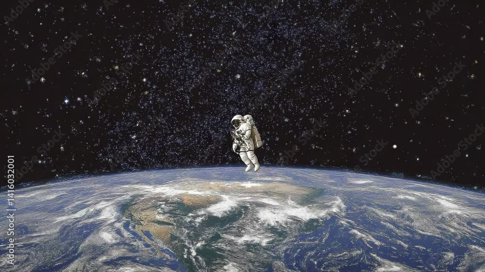 Poster lone astronaut floating above earth with planet rotating below generative ai