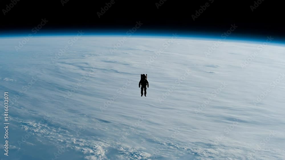 Poster lone astronaut floats above a rotating earth with clouds below generative ai
