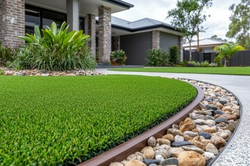 A lush green lawn with a gravel border and a house in the background