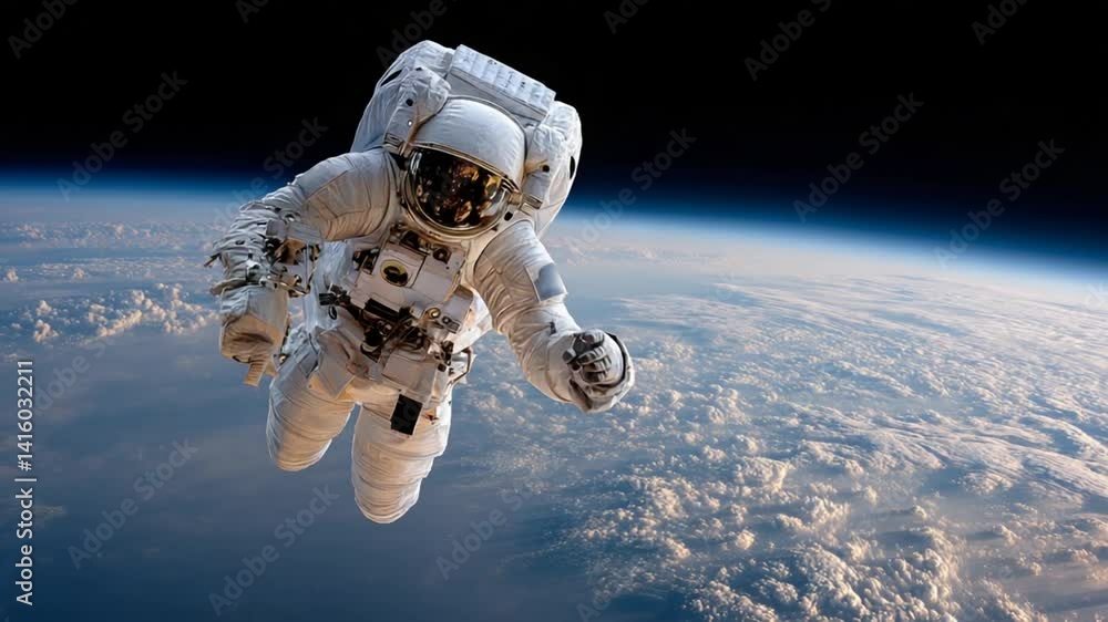 Poster astronaut floating above earth as the planet rotates slowly below generative ai