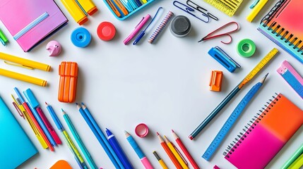 Colorful school supplies arranged in a circle on a white background.