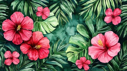 Vibrant Watercolor Hibiscus and Tropical Leaves Background