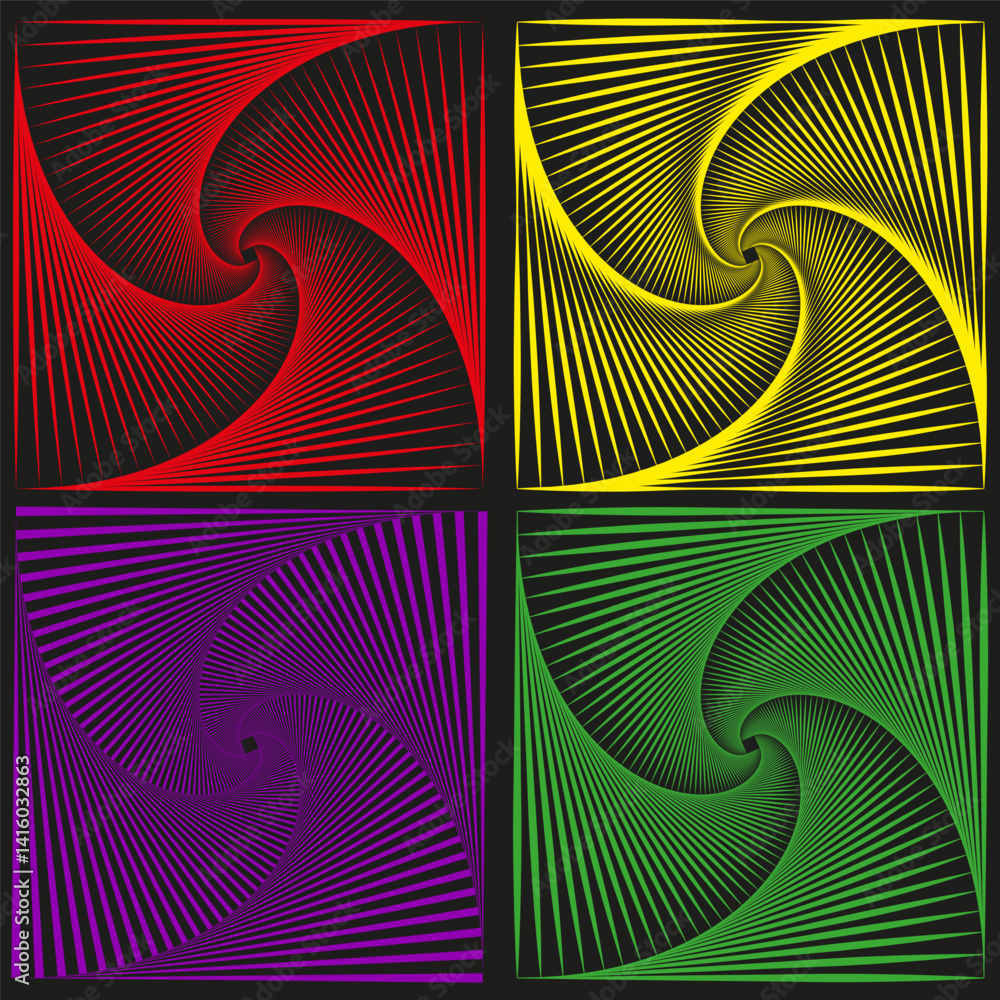 Poster square frame with rays. vector radial pattern. multicolor on black background. vibrant line style.