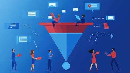 A group of professionals collaborating on sales funnel automation, using digital platforms and AI tools to optimize every stage of the sales process
