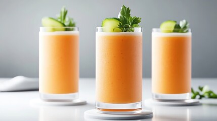 Peachy, refreshing smoothie, garnished with cucumber and herbs.  A healthy, vibrant drink