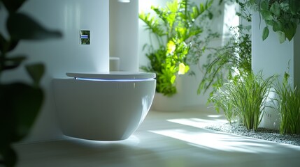 Fototapeta premium Revitalizing modern bathroom design with sleek toilet and natural elements for tranquility and eco-friendliness