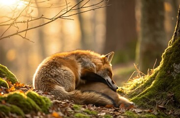 little fox and his mother hugging in the forest