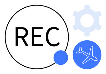 Obraz premium REC circle button, gear, and airplane icon in modern flat style representing recording, automation, aviation, travel, system operation, logistics and workflow. Ideal for multimedia tech aviation