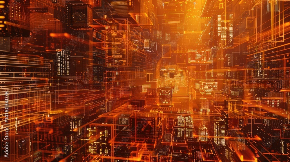 Poster this abstract image showcases a vibrant computer network in dynamic orange tones, illustrating techn