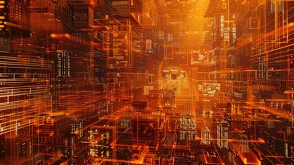 Obraz premium This abstract image showcases a vibrant computer network in dynamic orange tones, illustrating technology and digital connectivity through intricate patterns and lines.