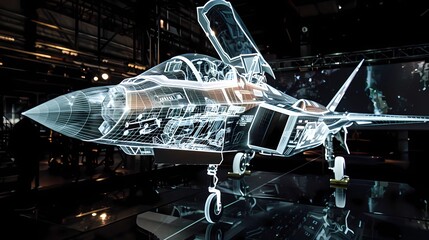 A holographic projection of an fighter jet was projected on the sky, Generative AI illustrations.
