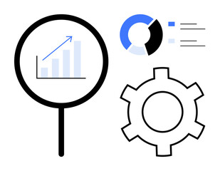 Fototapeta premium Magnifying glass with growth chart, gear, and circular chart representing analysis, progress, and efficiency. Ideal for data, business, management, strategy technology productivity simple landing