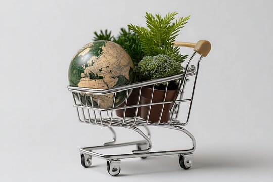 Cart with globe and plants symbolizes green purchasing choices

