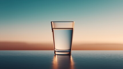 A glass of water against a serene sunset backdrop.