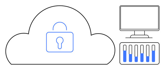 Cloud icon with lock symbol, computer monitor, and bar chart. Ideal for data security, technology, cloud computing, analytics, digital protection, IT solutions simple landing page