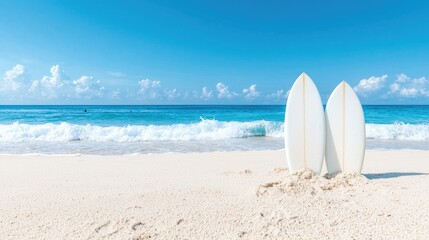 Surfboards on sunny beach summer vacation paradise ocean waves