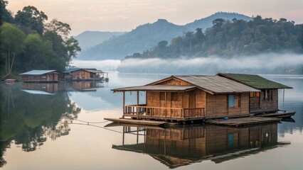 Serene floating houses on a tranquil lake surrounded by mountains.