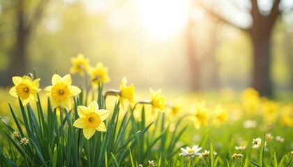 Fototapeta premium Vibrant spring scene with blooming yellow daffodils. Fresh green grass, sunlight, sunny meadow. Flowers in garden, nature background with copy space. Holiday festive concept for easter celebration,