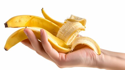A banana peel in hand isolated on white background with clipping path, food and health concept, Generative AI illustrations.
