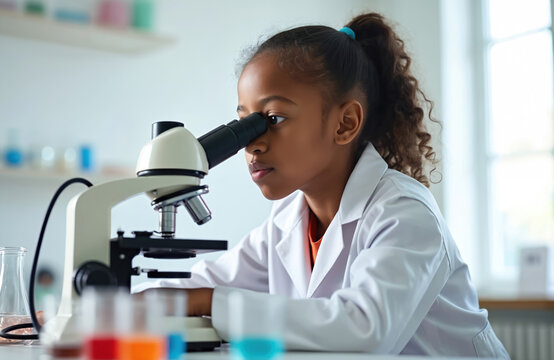 African american girl student studies science chemical. Child uses microscope in lab. Girl in white coat learns chemistry in school. Young scientist explores educational concept. Educational research.