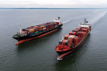 Fototapeta premium Pair of container ships reflects global commerce and tariff effects 