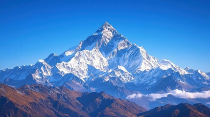 Majestic snow-capped mountain peak under clear blue sky with valleys