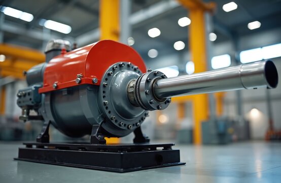 Industrial monobloc oil burner for heating boilers. Thermal equipment with fuel combustion. Modern tech for manufacturing. Energy, gas, thermal tech, steam processing industrial installations.