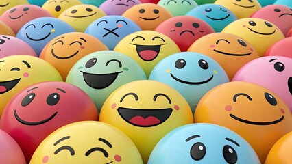 A collection of colorful emoji balls with different expressions filling the entire frame in a close up shot