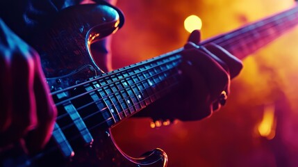 Concert guitarist playing bass, stage lights, music event