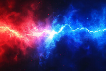 Lightning collision red and blue background, versus banner. Powerful colored lightning and the flash from the collision. Confrontation concept