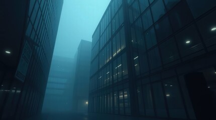 Misty urban cityscape with modern glass buildings.