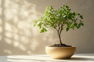 Sunlight illuminates a miniature bonsai tree in a light-brown pot.