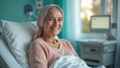 Happy senior woman patient with headscarf smiles during cancer treatment. Chemo female patient in clinic. Oncology woman patient after chemotherapy in hospital. Health care, recovery, hope, support