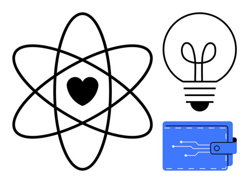 Atomic structure with heart core, glowing light bulb, and digital wallet. Ideal for science, innovation, technology, energy, finance creativity and connection concepts. Flat simple metaphor