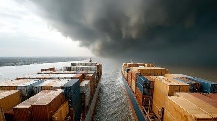 Two massive cargo ships head towards a dark, stormy horizon loaded with shipping containers for trade