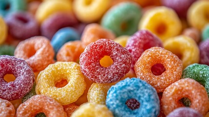 Colorful cereal loops stacked in playful pile. Bright and joyful breakfast moments. Celebrating sweet memories and fun flavors. National Cereal Day concept