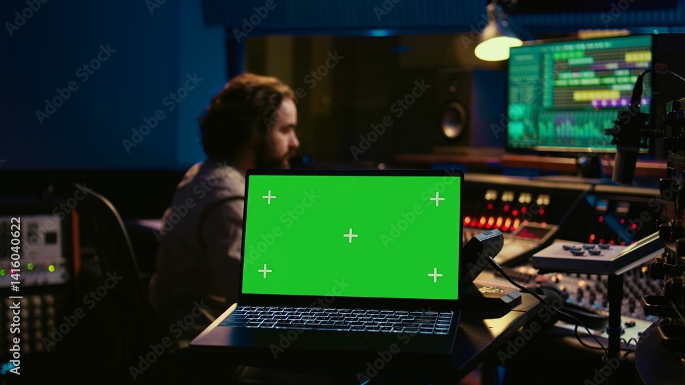 Poster Sound designer uses audio mixer and greenscreen layout in professional studio, adjusting volume levels while pressing buttons on desk. Control room equipped with technical recording gear. Camera B.