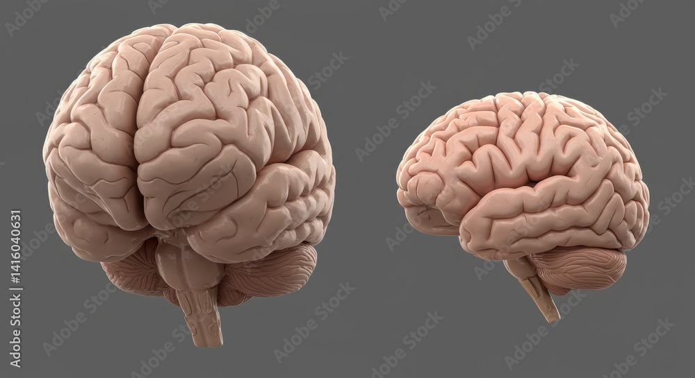 Poster detailed 3d model of a human brain displayed from two angles against a gray background