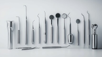 Dental instruments arranged on a light background.