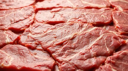 Close-up of raw beef slices with marbling.