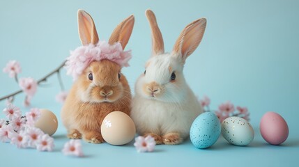 Obraz premium Adorable rabbits photographed with Easter eggs and seasonal flowers against a simple background, perfect for spring holiday themes.