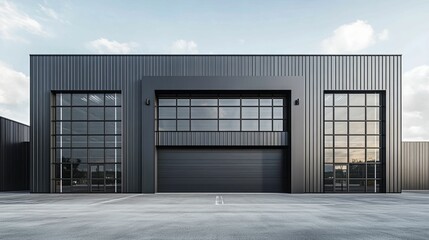 Modern, dark industrial warehouse facade features large windows and a substantial garage door.