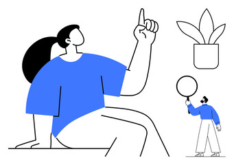 Woman points up in a conceptual gesture of idea or inspiration as a smaller figure holds a round balloon. Potted plant adds balance. Ideal for teamwork, creativity, inspiration, innovation